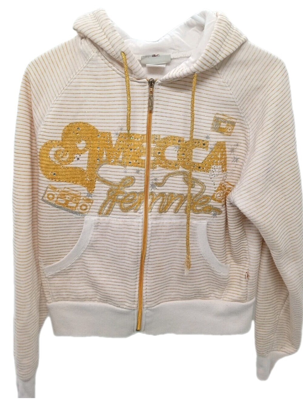 Mecca Hoodie Woman's XL White Striped Graphic Femme Sweatshirt Zip Y2K Hip hop